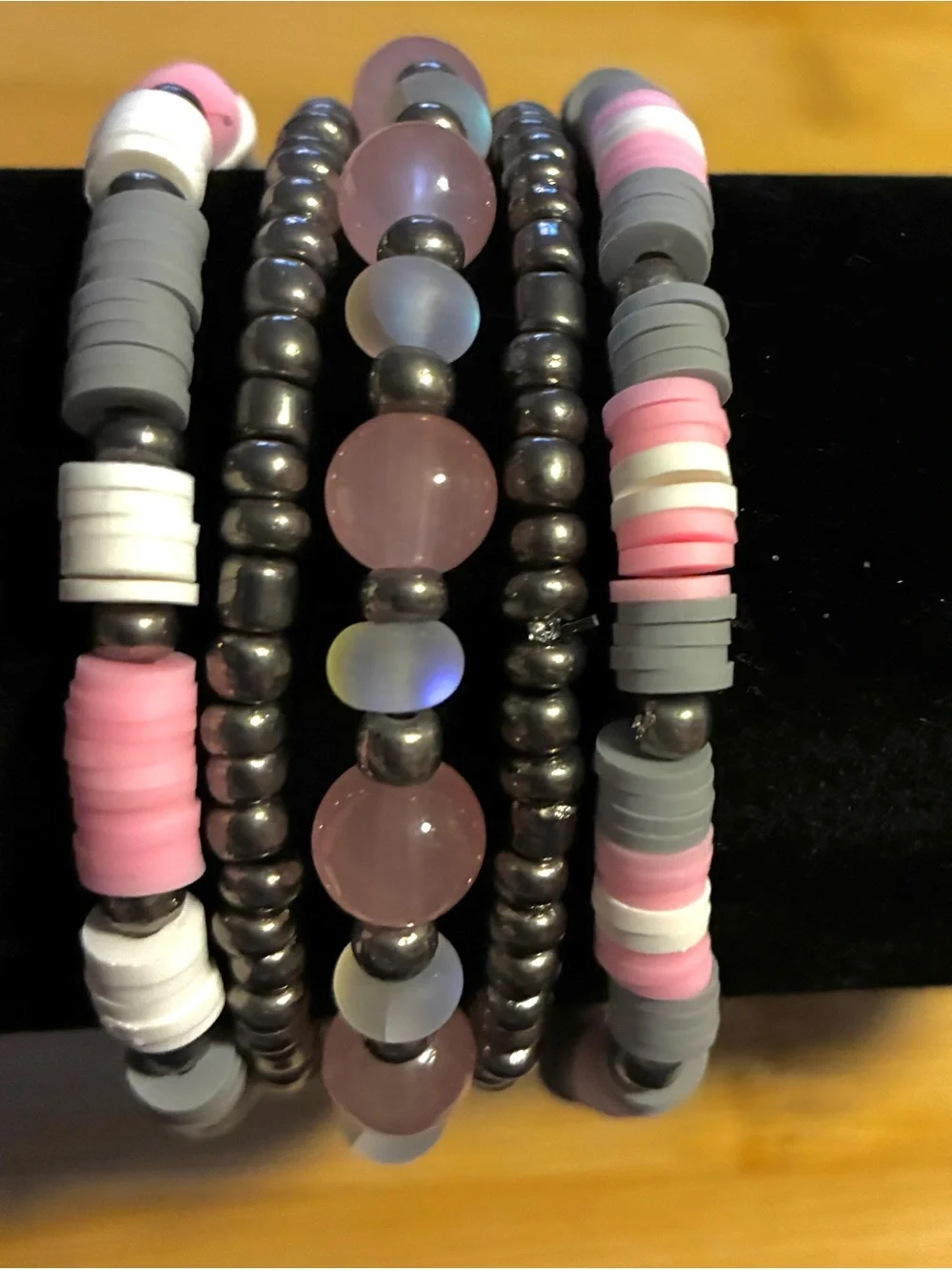Pink & Gray Beaded Stretch Bracelet Set